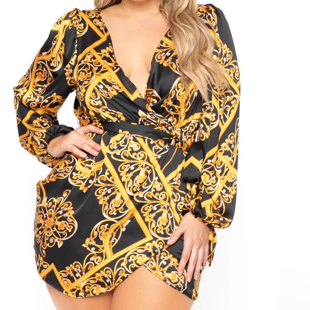 BAROQUE PRINTED TULIP HEM DRESS GOLD/BLACK 2X NWOT